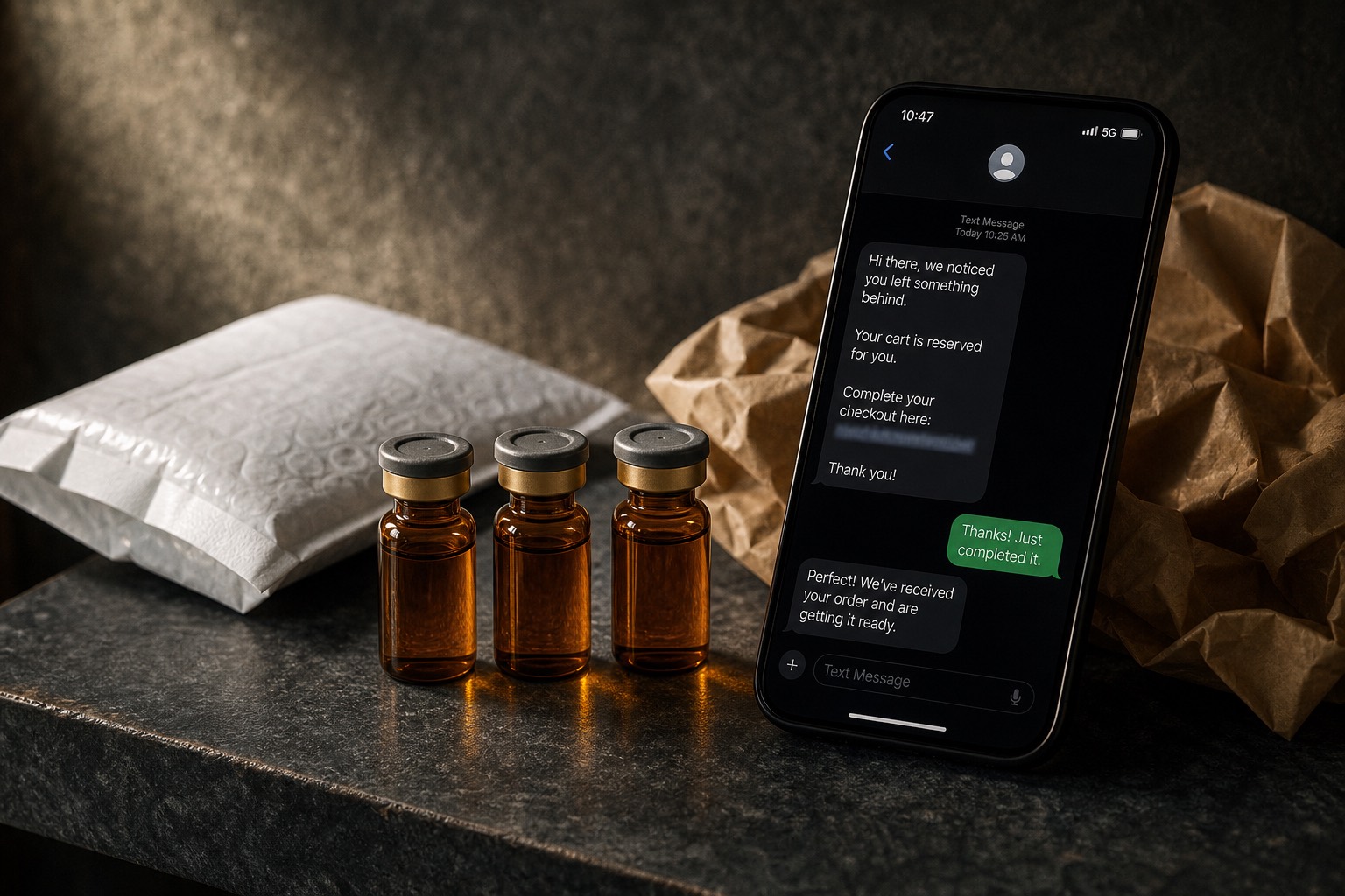 Amber peptide vials beside a phone showing a checkout recovery text.